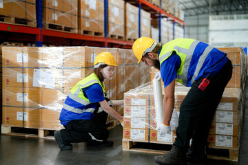 operation workers checking and inspecting cargo for stack items for shipping. males worker checking the store factory. industry factory warehouse. Worker Scanning Package In Warehouse.