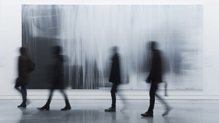 Blurred motion - people walking along the wall