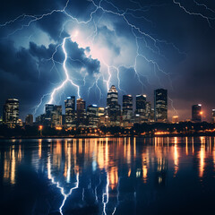 Naklejka na ściany i meble Dramatic lightning storm over a city skyline.