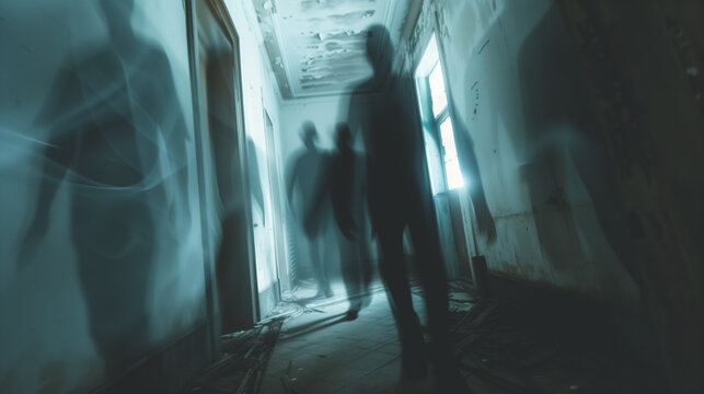 Ghostly silhouettes wandering through an eerie corridor.