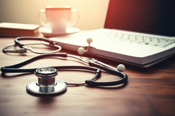 The stethoscope Lying on the desk. Healthcare Themes, Work space medical technology and healthy concept on modern table desk with a stethoscope, Ai generated