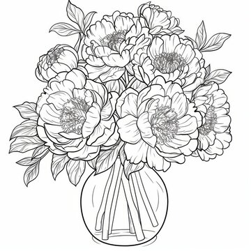 Peonies in a jar, flowers in a vase. A black and white coloring book. coloring pages for children.
