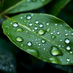 Fototapeta na wymiar Macro shot of water droplets on a leaf after rain. 