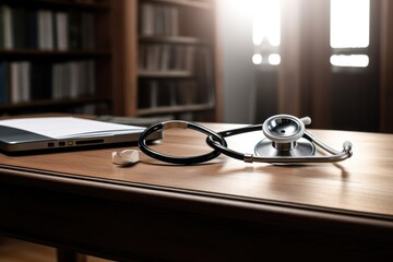The stethoscope Lying on the desk. Healthcare Themes, Work space medical technology and healthy concept on modern table desk with a stethoscope, Ai generated