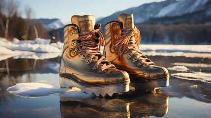 A pair of ice skates on a frozen pond, surrounded by untouched snow, with a backdrop of snow-covered hills and a pale winter sun - obrazy, fototapety, plakaty