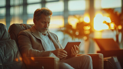 Traveling Professional in an Airport Lounge: A business traveler working on a tablet in an airport lounge, waiting for a flight, showcasing the mobility of the modern workforce. - obrazy, fototapety, plakaty