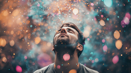 Man gazes upwards into a shower of light orbs.
