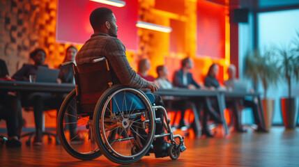 onfident individual in a wheelchair presenting to a diverse group of colleagues in a modern, well-lit conference room, showcasing leadership and accessibility in the workplace. - obrazy, fototapety, plakaty