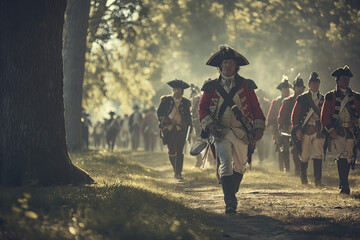  Historical Reenactment of Colonial Soldiers Marching through Misty Forest

