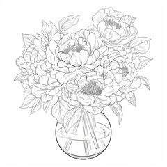 Peonies in a jar, flowers in a vase. A black and white coloring book. coloring pages for children.