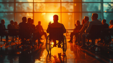 onfident individual in a wheelchair presenting to a diverse group of colleagues in a modern, well-lit conference room, showcasing leadership and accessibility in the workplace.