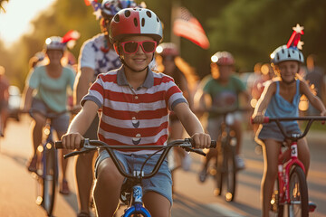  Children Enjoying a Patriotic Bicycle Parade on a Sunny Day - obrazy, fototapety, plakaty
