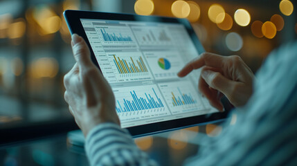 Business professional's hands analyzing complex financial charts and data on a tablet screen.