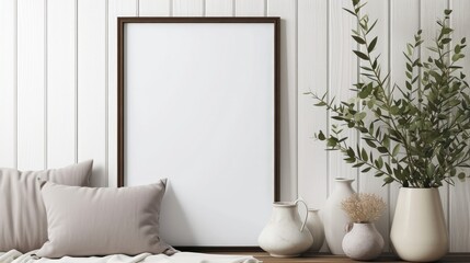 Standing Empty black wooden frame on a white wood line wall texture with grey pillows, white fabric, and olive leaf branches in a vase on a brown wooden table