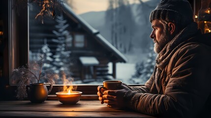 A pair of mittened hands holding a steaming cup of hot cocoa, with a snowy landscape and a cozy cabin in the background - obrazy, fototapety, plakaty