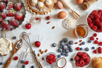 Delectable Baking Ingredients and Fresh Berries Spread on a Kitchen Table
