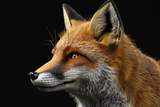 Fox profile portrait on black background - generative ai