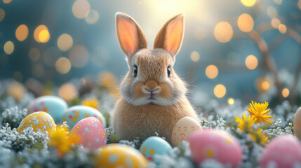 Adorable Easter bunny surrounded by a variety of decorated Easter eggs in a cozy nest amidst spring flowers.