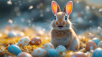 Adorable Easter bunny surrounded by a variety of decorated Easter eggs in a cozy nest amidst spring flowers.