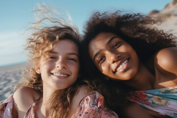 Fototapeta premium Multiracial friends smiling on sunny beach