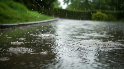 Obraz na płótnie Canvas Raindrops creating ripples on a wet street surface.