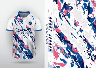 Jersey design for outdoor sports, jersey, football, futsal, running, car racing, exercise, white brush pattern cut with blue and pink.