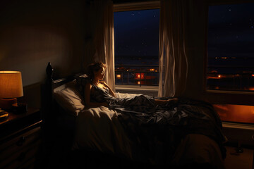 Obraz na płótnie Canvas Woman Contemplating Night Sky from Bed