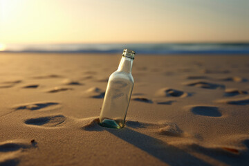Glass Bottle on Sandy Beach at Sunset