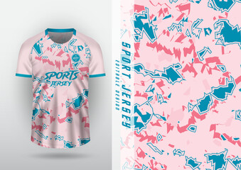 Jersey, outdoor sports design, jersey, football, futsal, running, racing, exercise, leaf pattern, pink and blue brush.