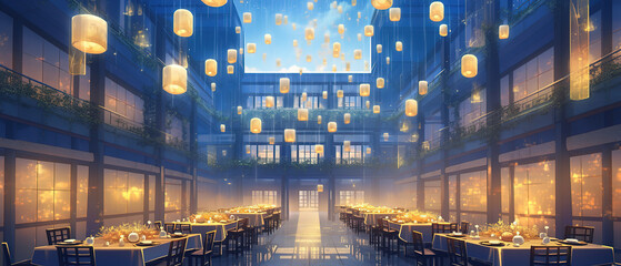 a many tables and chairs in a large room with lanterns