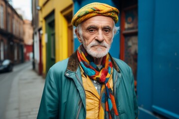 Fototapeta na wymiar Portrait of an elderly man with a beard in a turban on the street.