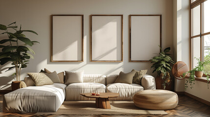 Modern Neutral Living Room with Plush Sectional Sofa and Blank Wall Frames