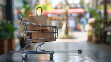Paper bags on miniature shopping cart,shop online,e-commerce.