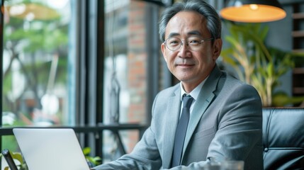 Senior Asian Businessman Using Laptop in Modern Cafe Setting