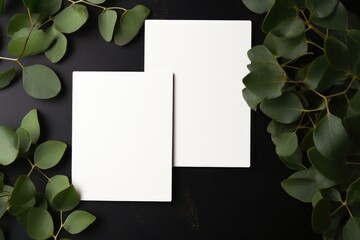 Eucalyptus Leaves and Blank Cards on Dark Background