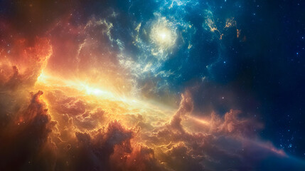 Fototapeta premium Vivid Galactic Nebula Illuminating Space. A stunning visual of a vibrant galactic nebula, with clouds of gas and dust illuminating the darkness of space. AI