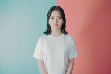 Obraz premium Studio shot of a young Asian woman with blank white t-shirt. T-shirt mockup design