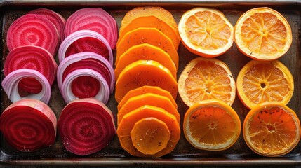 Thinly sliced beets, sweet potatoes, and oranges arranged on a baking tray.