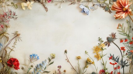 floral frame, with a variety of blossoming flowers and plants encircling a blank, textured canvas, inviting personalization