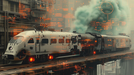 a train in a futuristic slum town, in the style of light black and orange, cyberpunk imagery, realistic with impressionistic colors