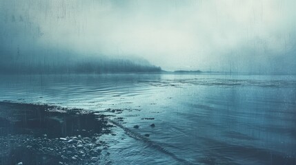 Misty Coastal Landscape with Pebbled Shoreline
