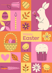 Fototapeta premium Geometric pink greeting card for Happy Easter. Trendy minimalistic illustration. Collection of holiday icons. Website decoration, graphic elements. Holiday covers, posters, banners, greeting card