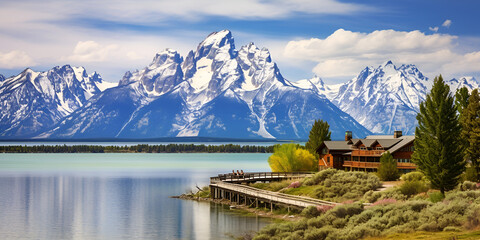 lake bled country, Morning view of a very calm jackson lake in grand teton,  national park with the tetons in the background, very low clouds, Grand Teton, Generative AI - obrazy, fototapety, plakaty