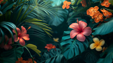 Fototapeta na wymiar Colorful Hawaiian hibiscus in the garden. Tropical forest background, jungle background with border made of tropical leaves with empty space in center, copy space. bright hibiscus flowers