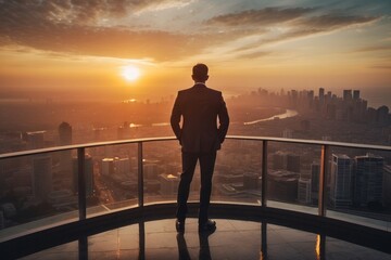 Fototapeta premium Businessman standing on top building and looking at sunset, business successful
