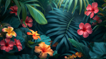 Obraz na płótnie Canvas Colorful Hawaiian hibiscus in the garden. Tropical forest background, jungle background with border made of tropical leaves with empty space in center, copy space. bright hibiscus flowers