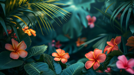 Obraz na płótnie Canvas Colorful Hawaiian hibiscus in the garden. Tropical forest background, jungle background with border made of tropical leaves with empty space in center, copy space. bright hibiscus flowers