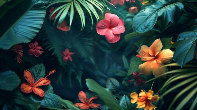 Colorful Hawaiian hibiscus in the garden. Tropical forest background, jungle background with border made of tropical leaves with empty space in center, copy space. bright hibiscus flowers