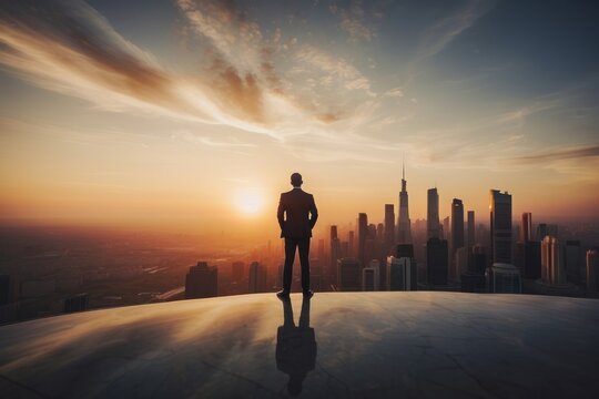 Businessman standing on top building and looking at sunset, business successful
