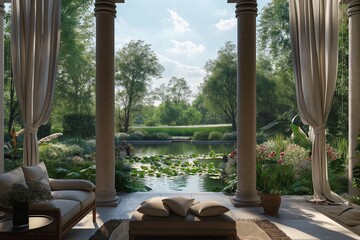 Fototapeta premium A landscape featuring a beautiful and expansive garden with a prominent pond. generative ai